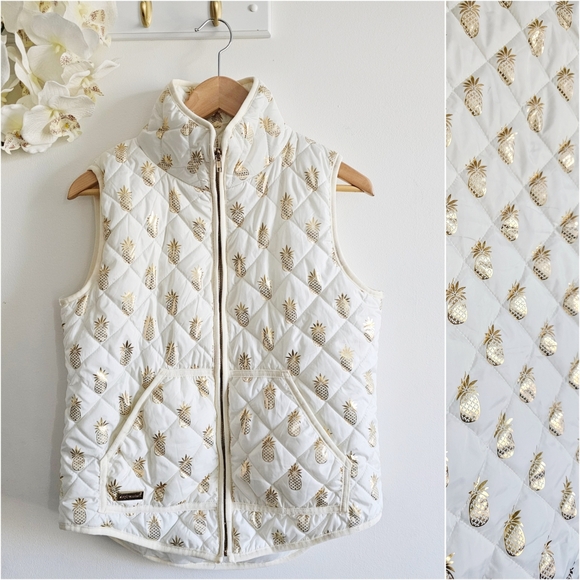 Simply Southern White & Gold Pineapple Quilted Sleeveless Puffer Vest Size Small - Picture 1 of 16
